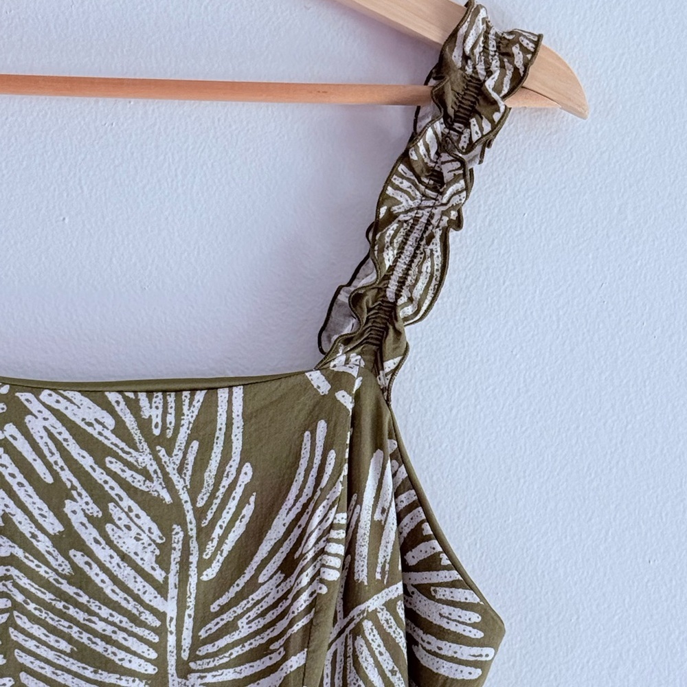 Luxology Palm Print Maxi Dress Ruffle Straps Smocked Back Olive Green Size M - Picture 6 of 12